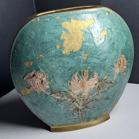 VTG Solid Brass Vase w/Painted Emamel Pink Flowers, made in India - Picture 1 of 5